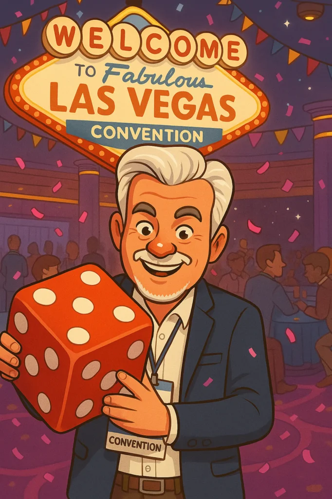 Cartoon-style illustration of a cheerful las vegas solutions guru with white hair and a mustache, wearing a suit and convention badge, holding a large red die. He stands in front of a vibrant “Welcome to Fabulous Las Vegas Convention” sign, surrounded by colorful confetti and people mingling in a festive convention hall.
