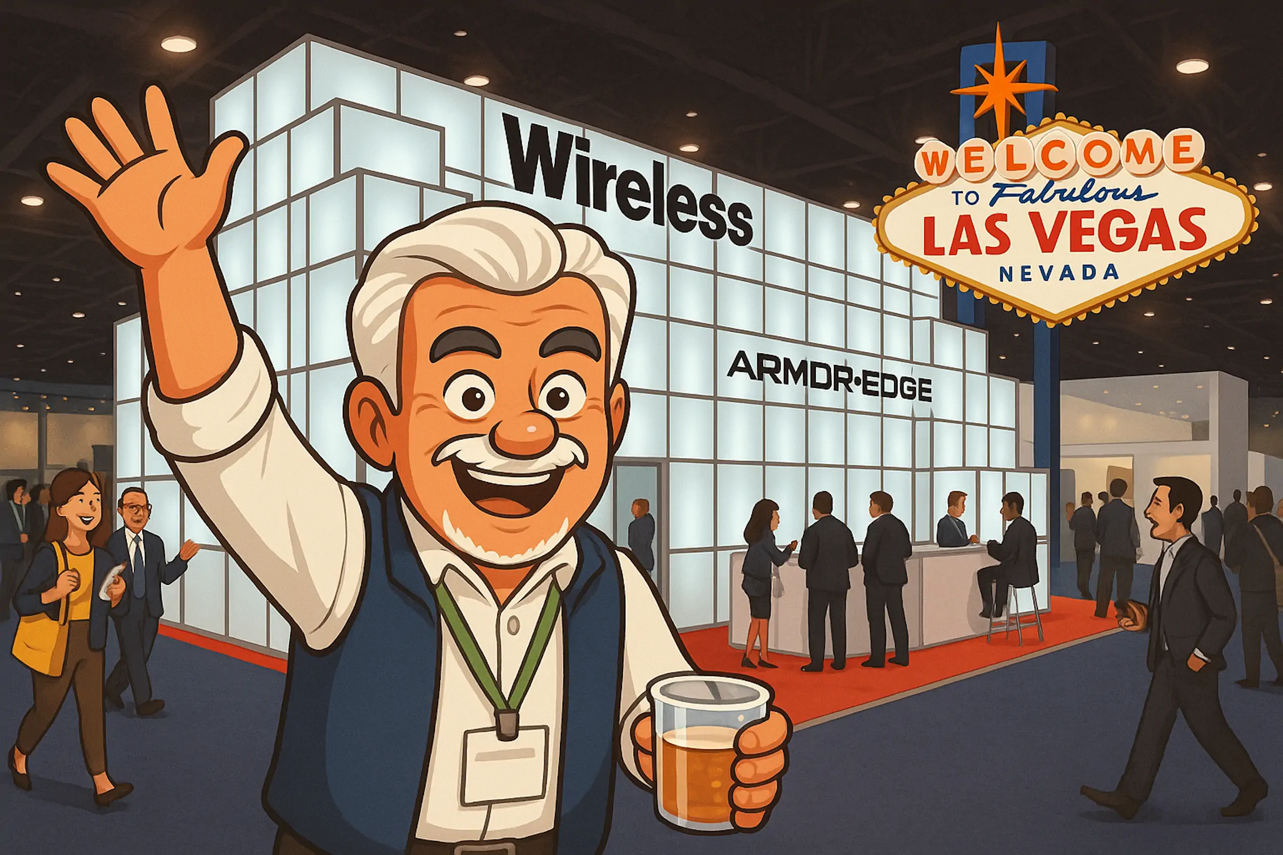 Cartoon illustration of a large illuminated white and glass-paneled trade show booth labeled “Wireless” and “Armor Edge.” In the foreground, the same llas vegas network solutions guru in a suit smiles and points upward with one hand while holding a large red die in the other. Convention attendees are shown walking and conversing around the booth.